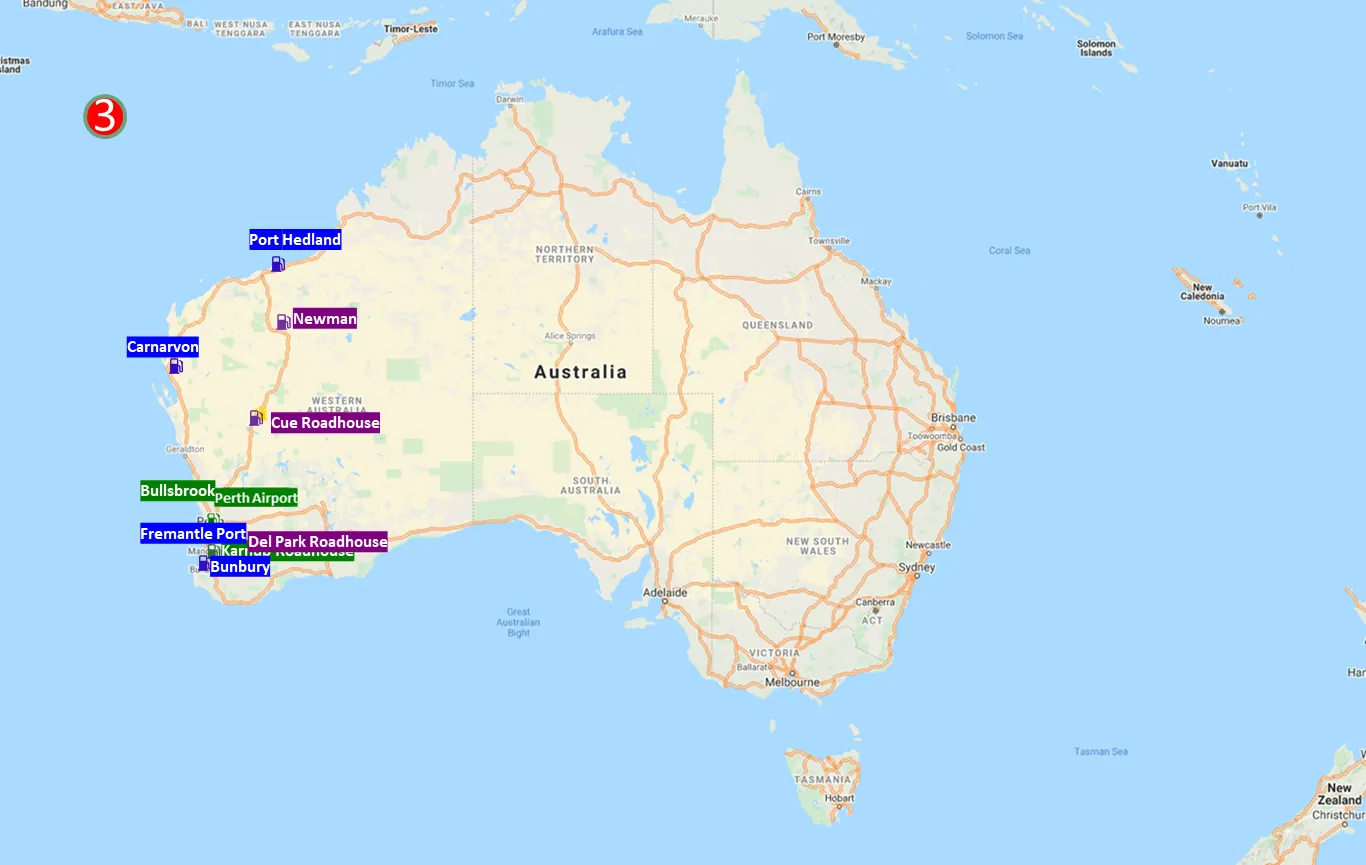 Map of Western Australia showing 10 planned Hydrogen West refuelling stations